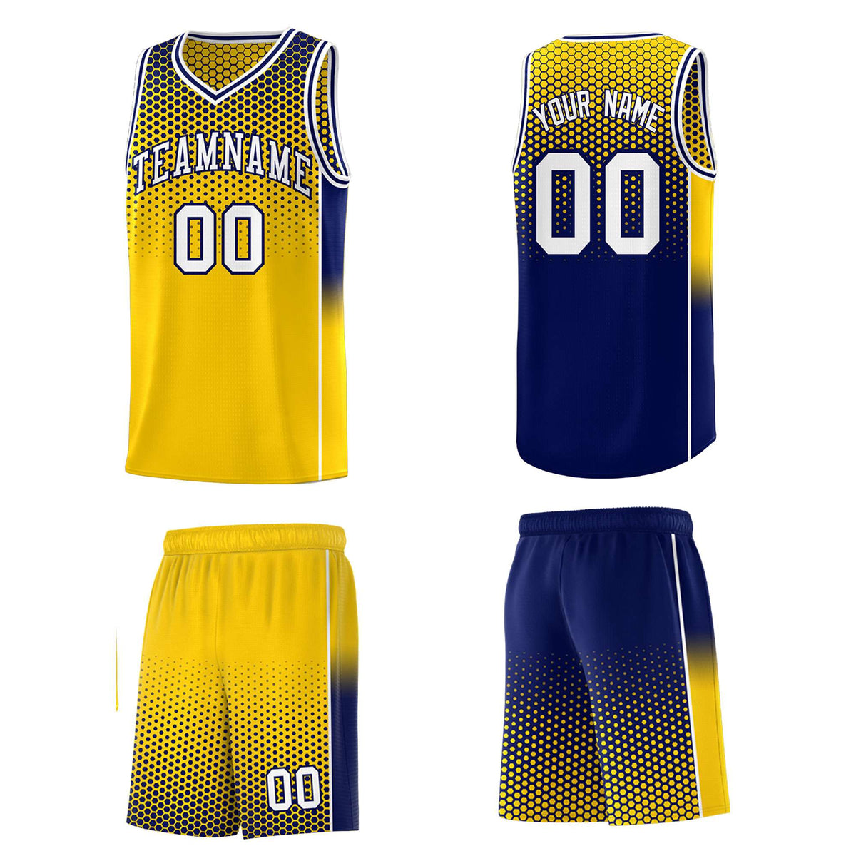 Custom Gold Navy Reversible Side Gradient Sports Uniform Dot Pattern Basketball Jersey Kits