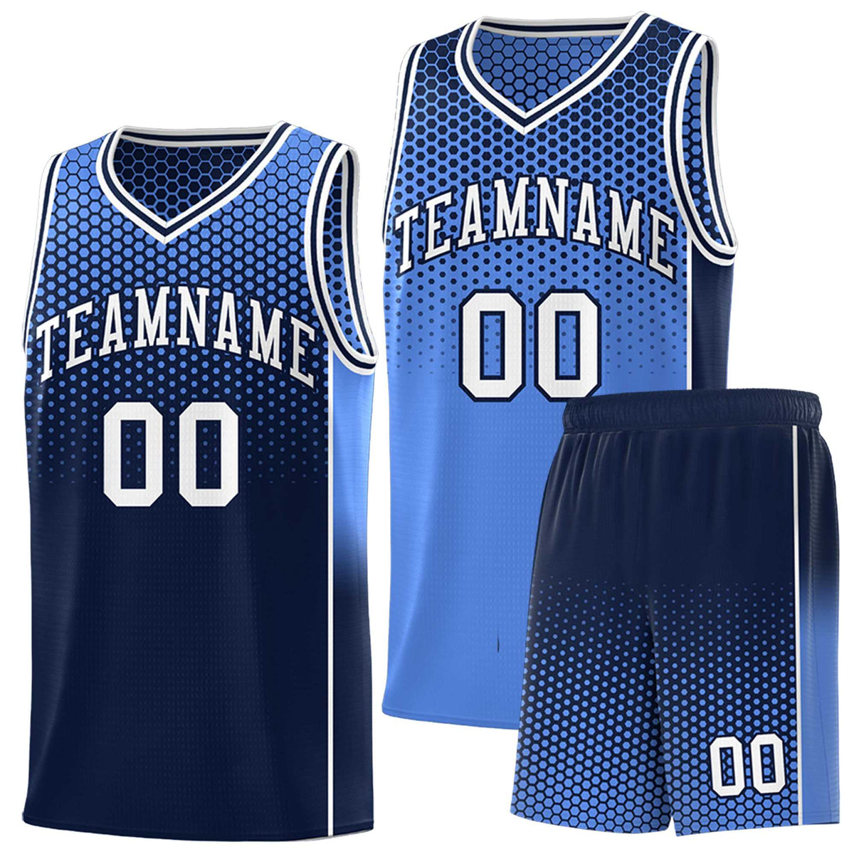 Custom Light Blue Navy Reversible Side Gradient Sports Uniform Dot Pattern Basketball Jersey Kits