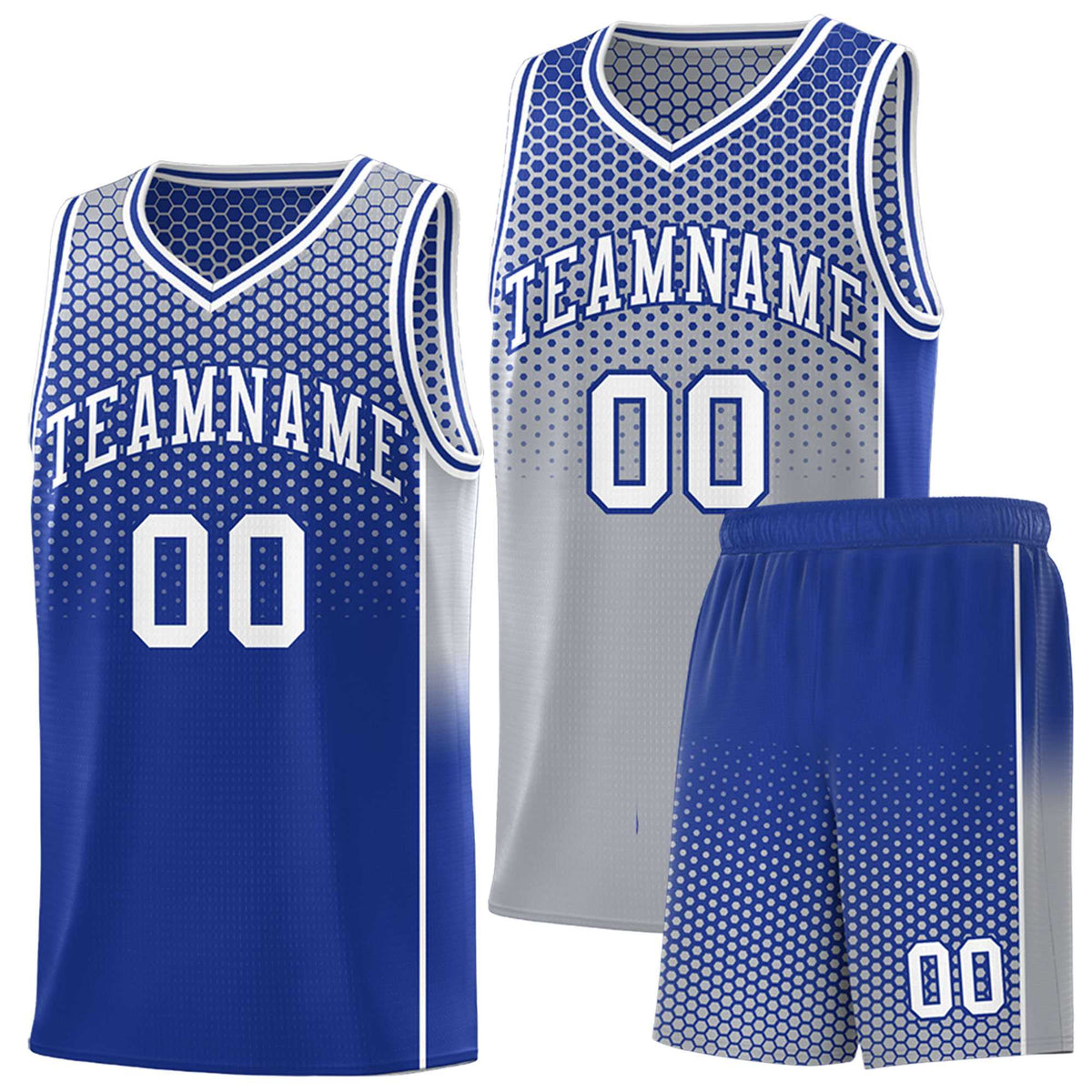 Custom Gray Royal Reversible Side Gradient Sports Uniform Dot Pattern Basketball Jersey Kits