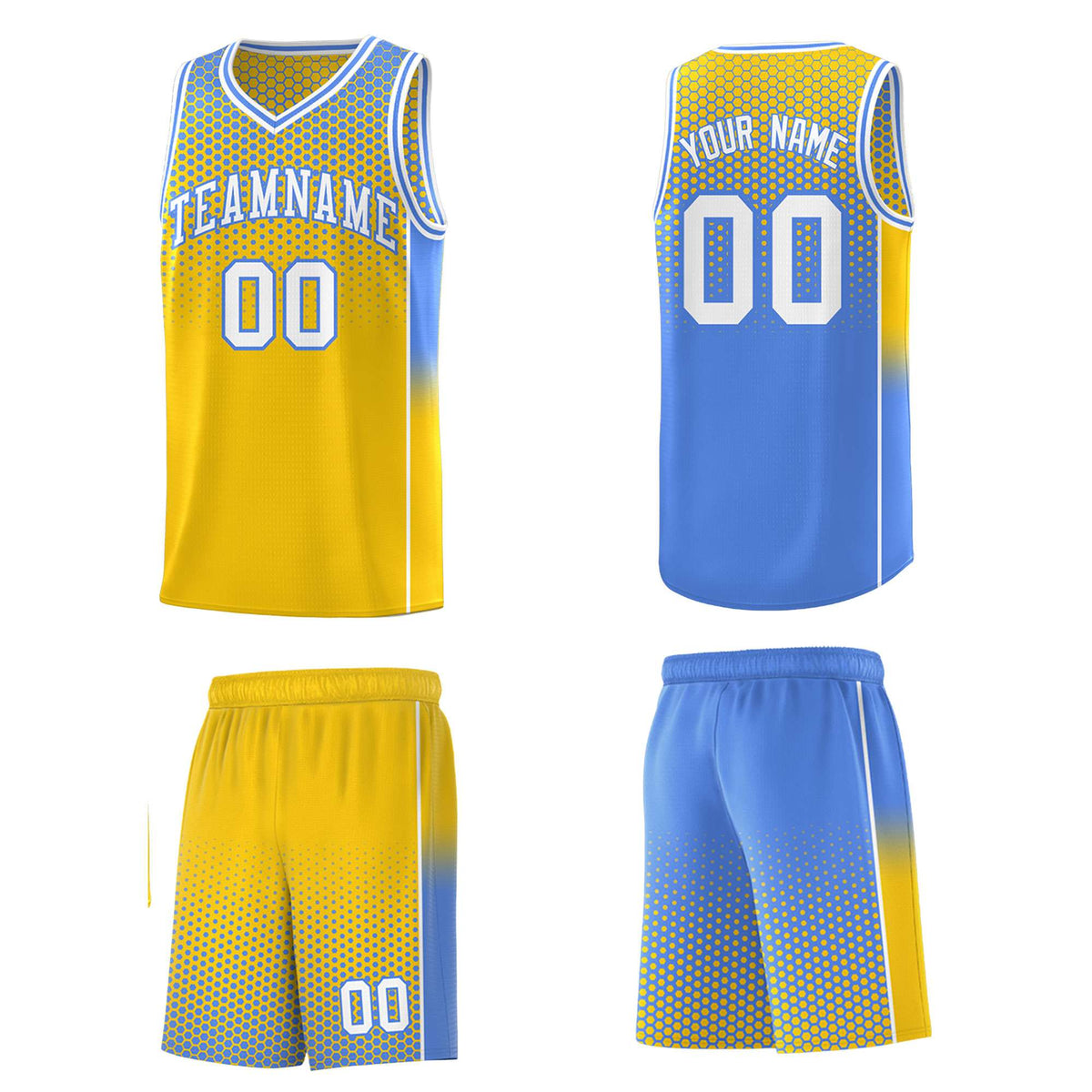 Custom Gold Light Blue Reversible Side Gradient Sports Uniform Dot Pattern Basketball Jersey Kits