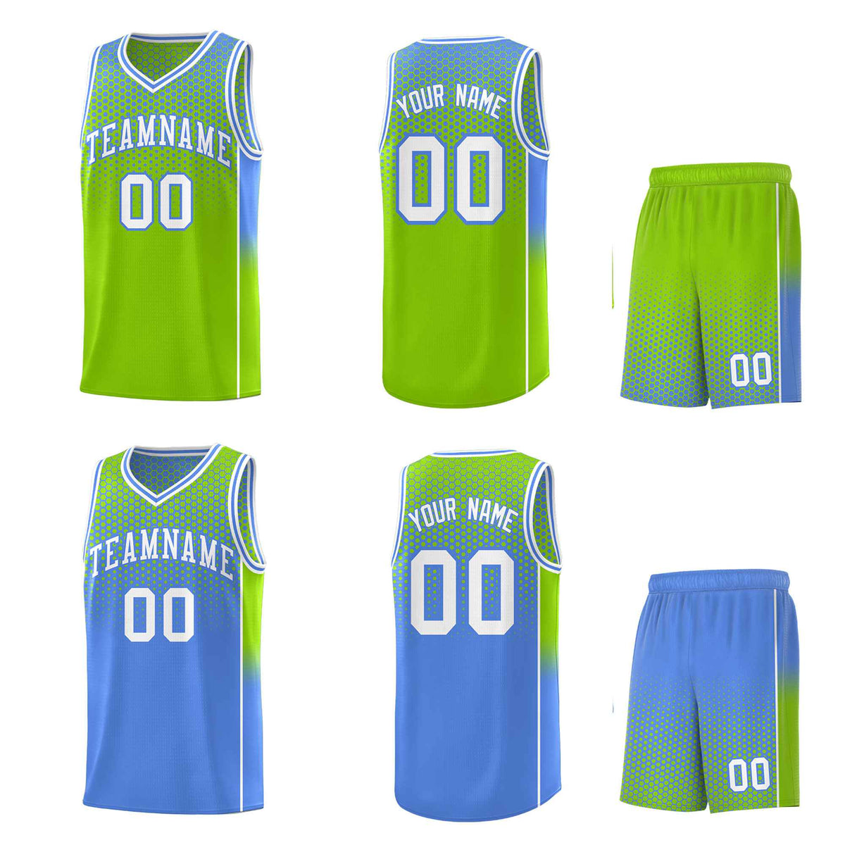 Custom Neon Green Light Blue Reversible Side Gradient Sports Uniform Dot Pattern Basketball Jersey Kits