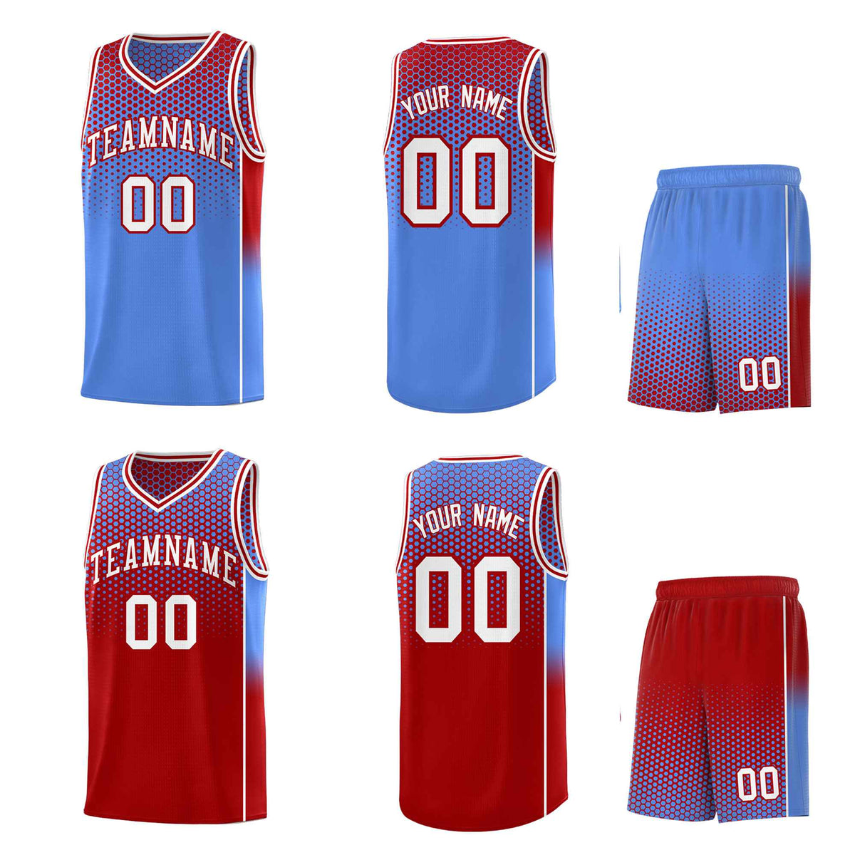 Custom Light Blue Red Reversible Side Gradient Sports Uniform Dot Pattern Basketball Jersey Kits