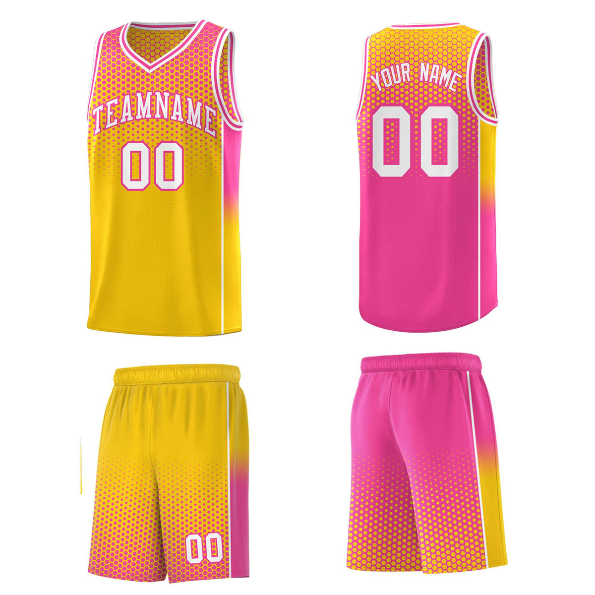 Custom Gold Pink Reversible Side Gradient Sports Uniform Dot Pattern Basketball Jersey Kits