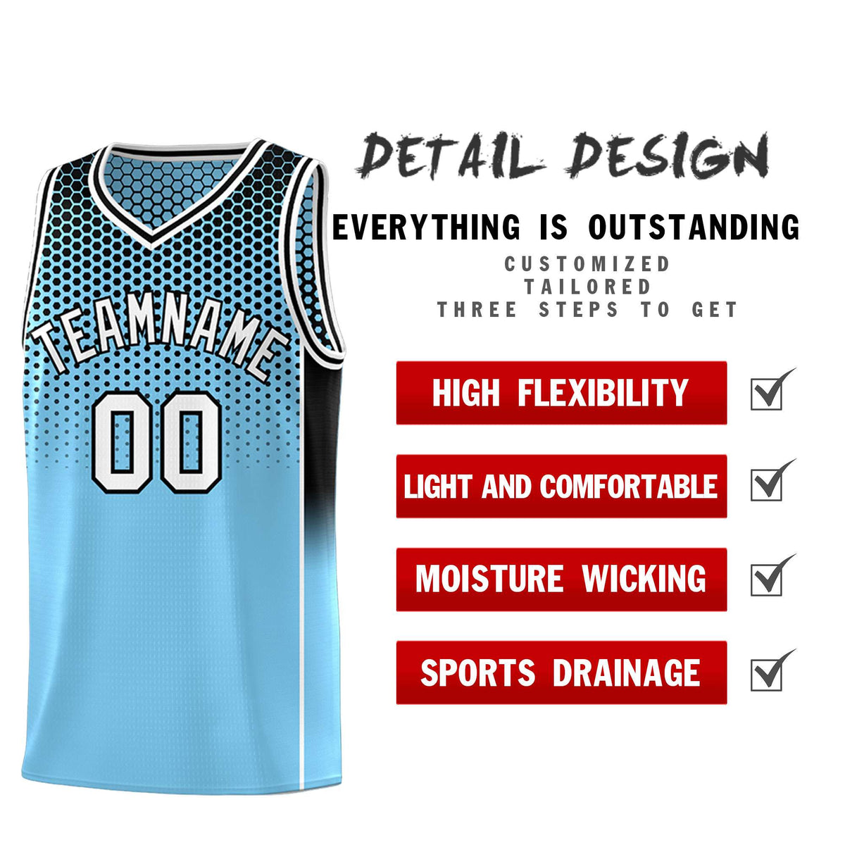 Custom Powder Blue Black Reversible Side Gradient Sports Uniform Dot Pattern Basketball Jersey Kits