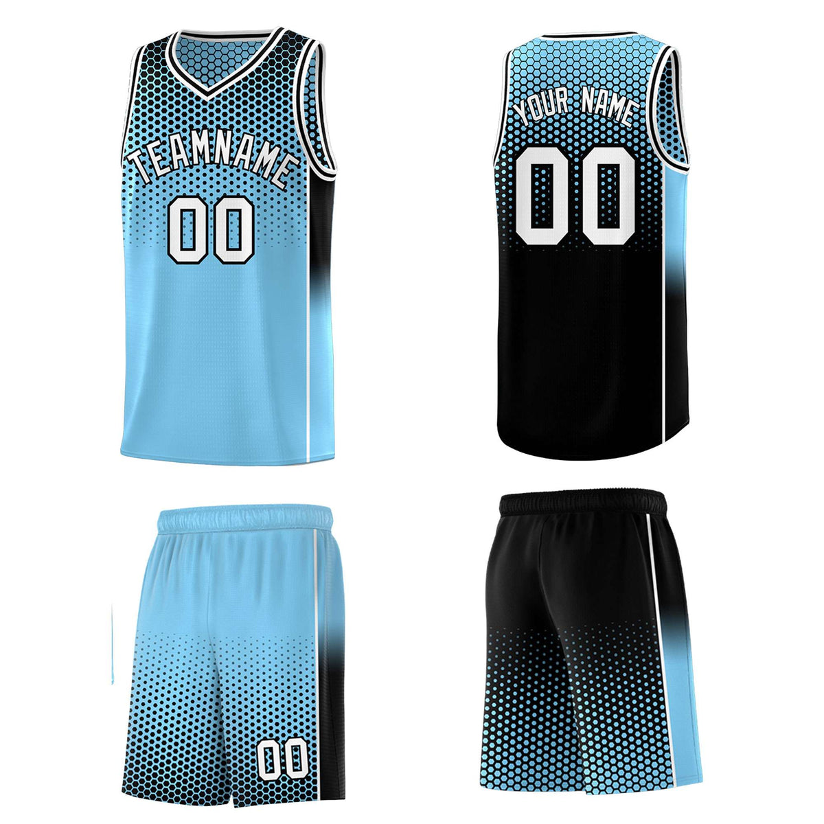 Custom Powder Blue Black Reversible Side Gradient Sports Uniform Dot Pattern Basketball Jersey Kits