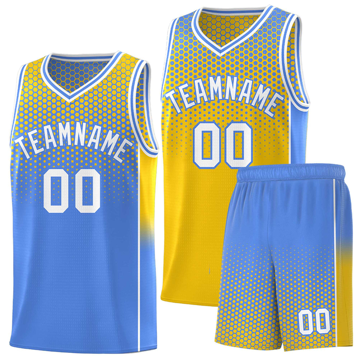Custom Gold Light Blue Reversible Side Gradient Sports Uniform Dot Pattern Basketball Jersey Kits