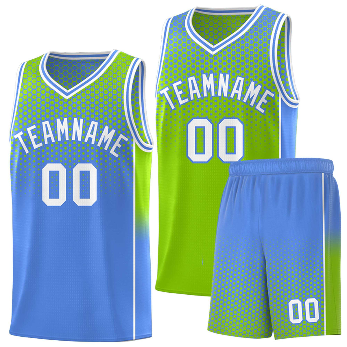 Custom Neon Green Light Blue Reversible Side Gradient Sports Uniform Dot Pattern Basketball Jersey Kits