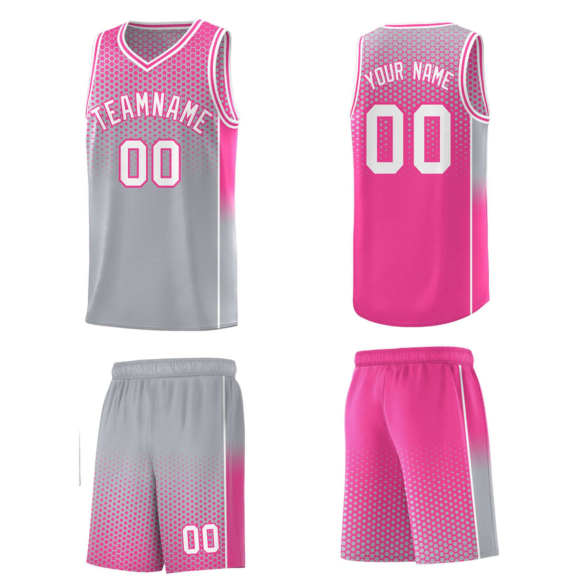 Custom Gray Pink Reversible Side Gradient Sports Uniform Dot Pattern Basketball Jersey Kits