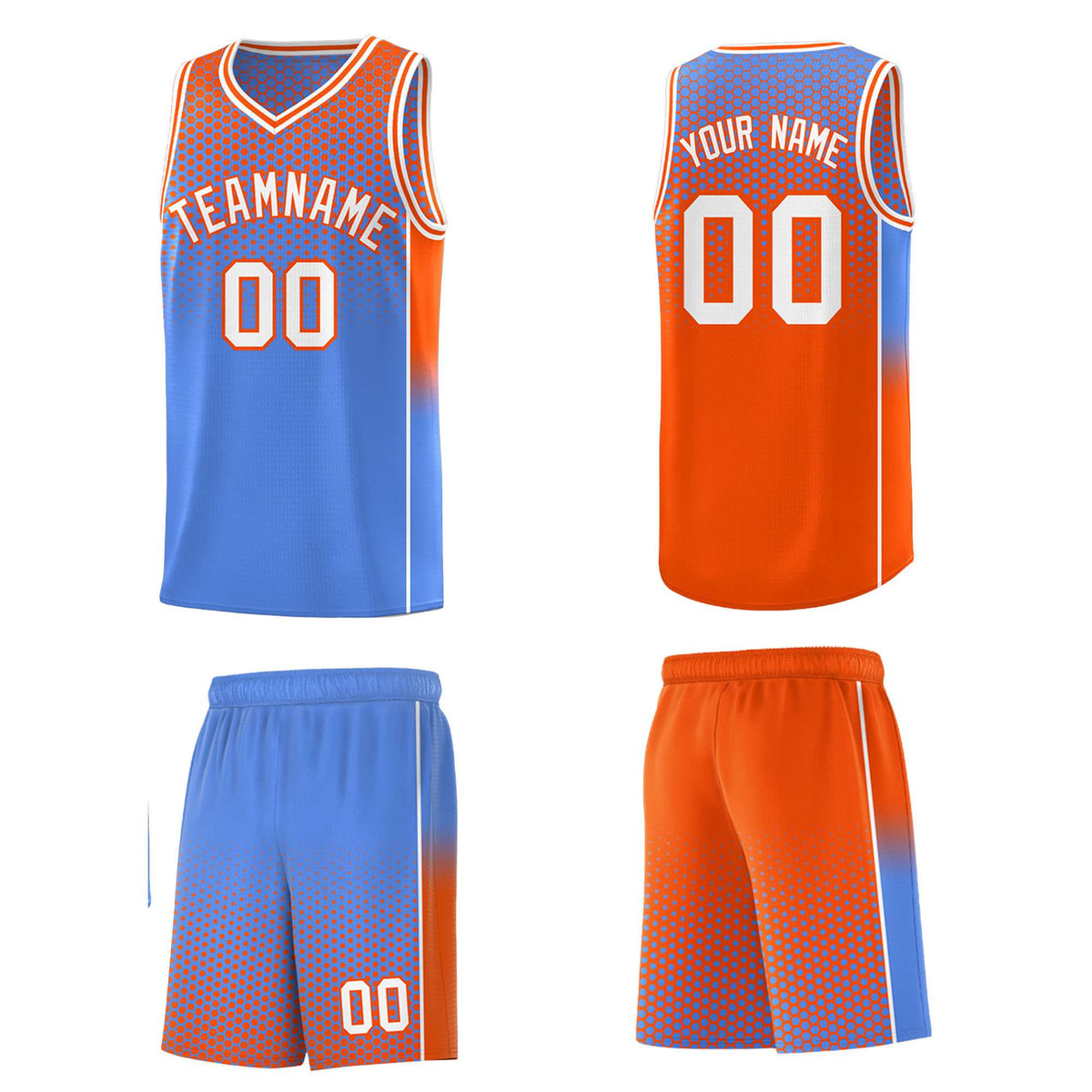 Custom Light Blue Orange Reversible Side Gradient Sports Uniform Dot Pattern Basketball Jersey Kits