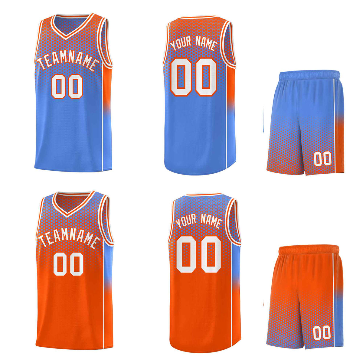 Custom Light Blue Orange Reversible Side Gradient Sports Uniform Dot Pattern Basketball Jersey Kits