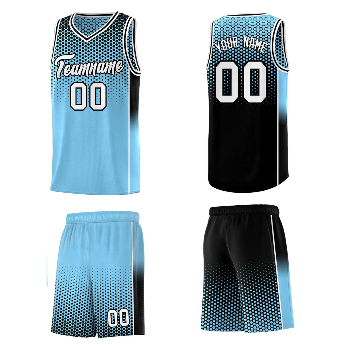 Custom Powder Blue Black Reversible Side Gradient Sports Uniform Dot Pattern Basketball Jersey Kits