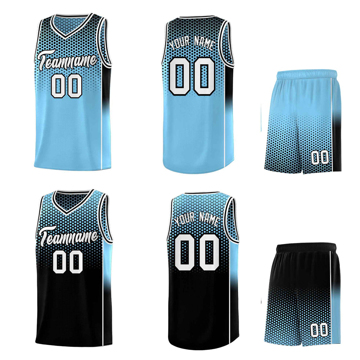 Custom Powder Blue Black Reversible Side Gradient Sports Uniform Dot Pattern Basketball Jersey Kits