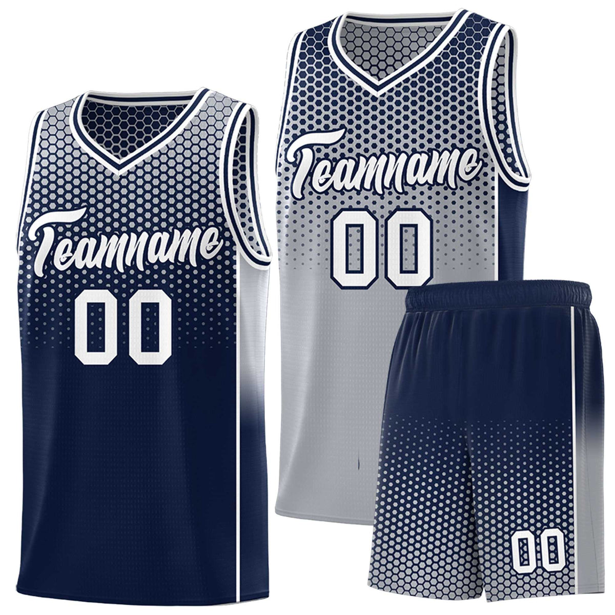 Custom Gray Navy Reversible Side Gradient Sports Uniform Dot Pattern Basketball Jersey Kits