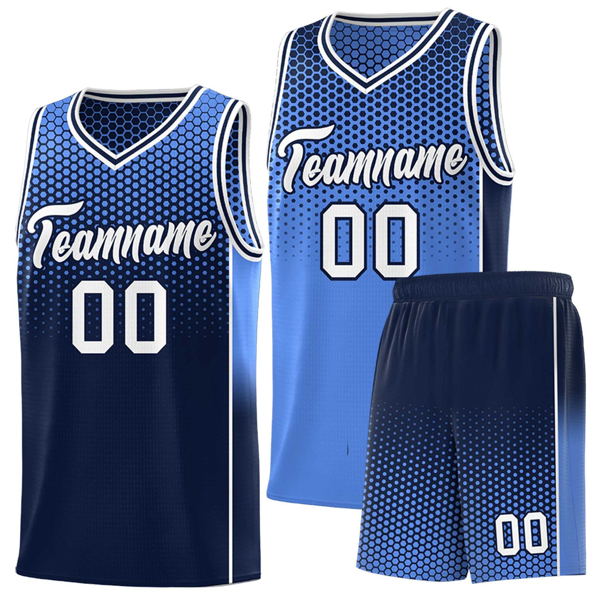 Custom Light Blue Navy Reversible Side Gradient Sports Uniform Dot Pattern Basketball Jersey Kits