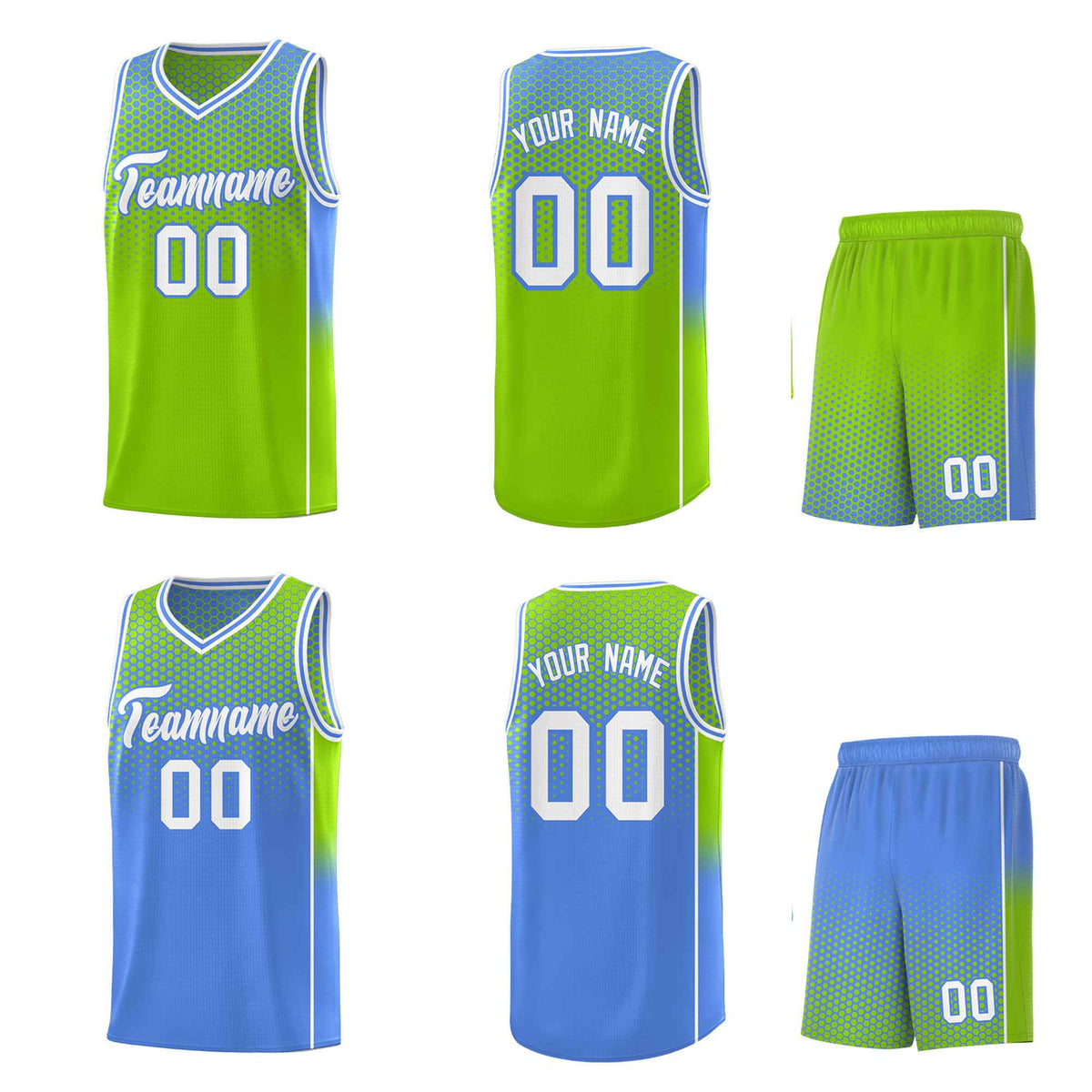 Custom Neon Green Light Blue Reversible Side Gradient Sports Uniform Dot Pattern Basketball Jersey Kits