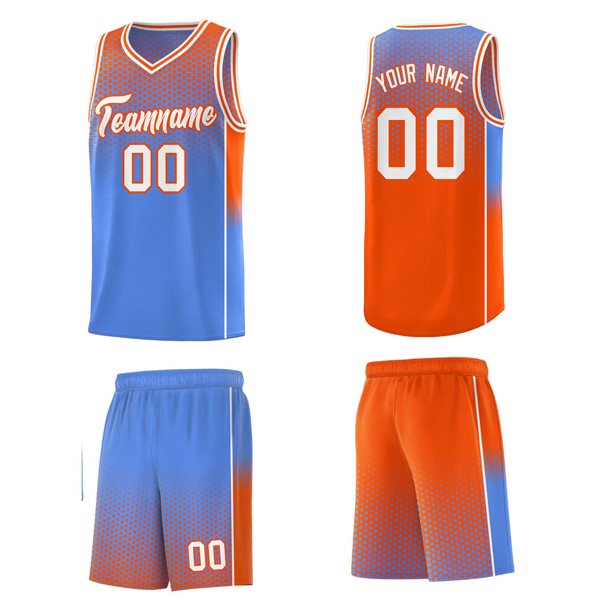 Custom Light Blue Orange Reversible Side Gradient Sports Uniform Dot Pattern Basketball Jersey Kits