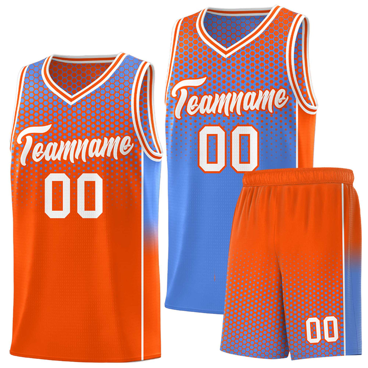 Custom Light Blue Orange Reversible Side Gradient Sports Uniform Dot Pattern Basketball Jersey Kits