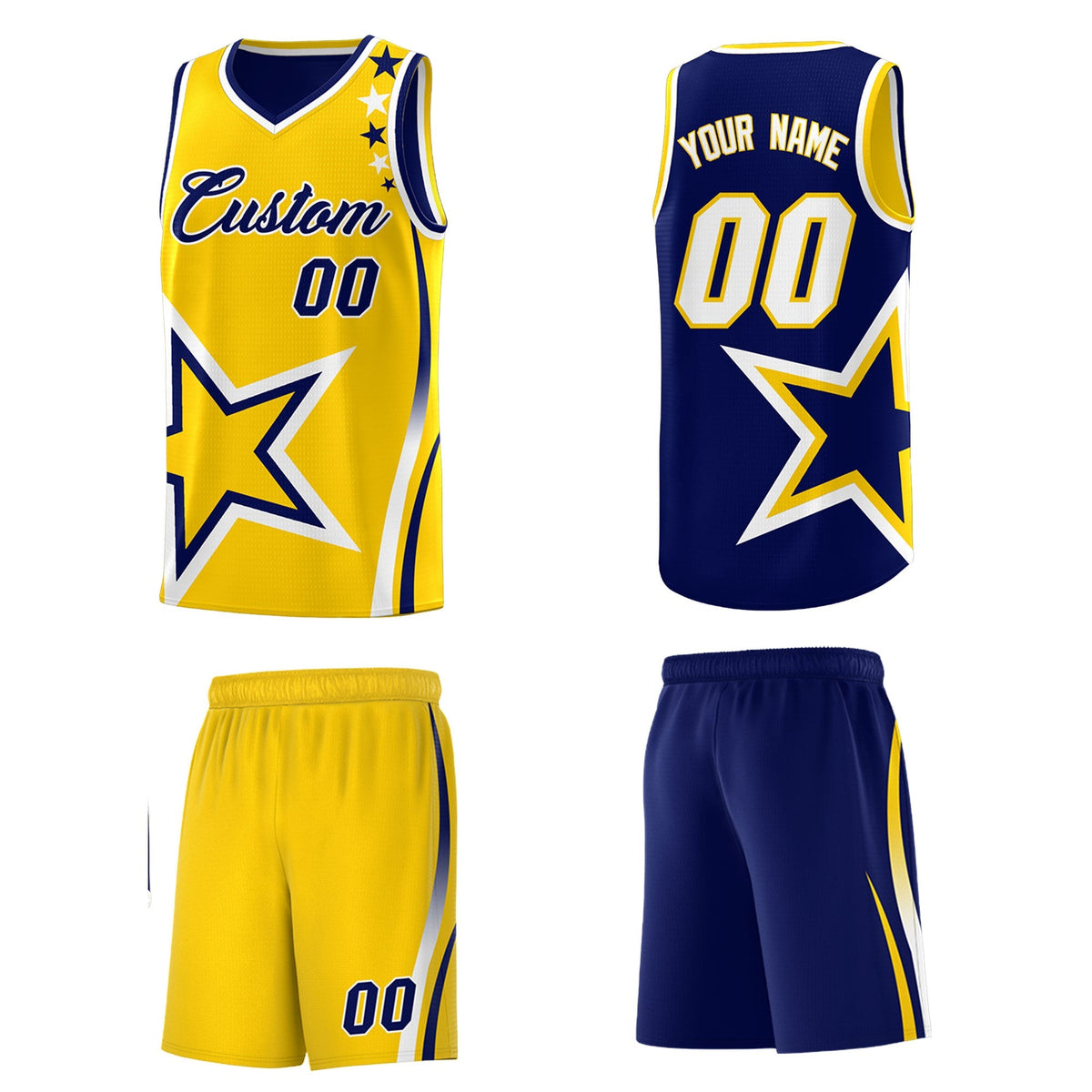 Custom Navy Gold White Star Series Reversible Sets Basketball Jersey| KXKSHOP