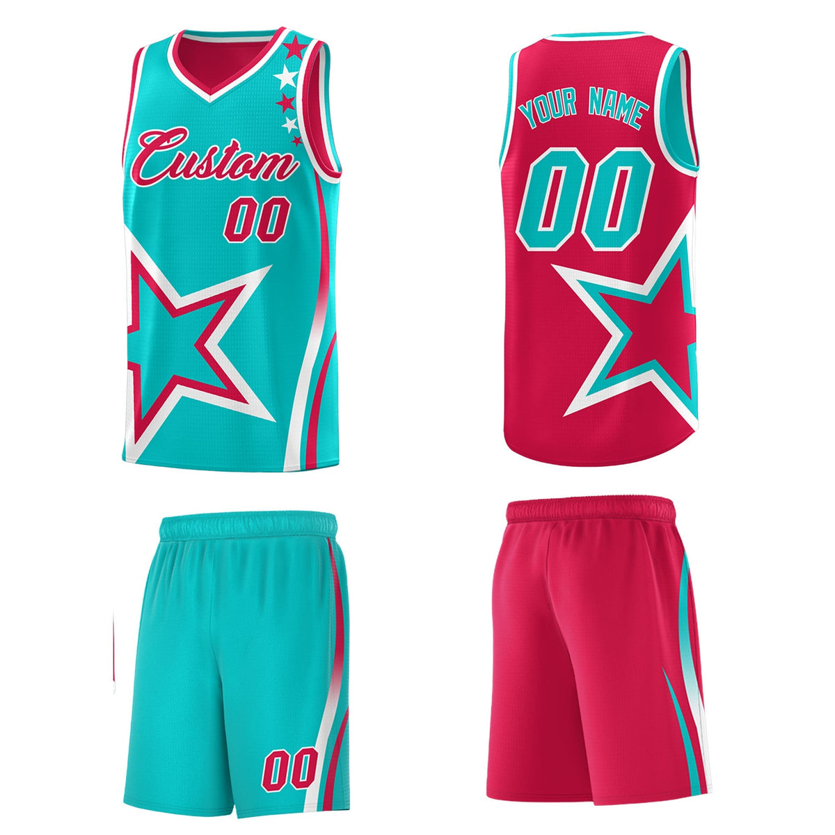 Custom Red Aqua White Star Series Reversible Sets Basketball Jersey| KXKSHOP