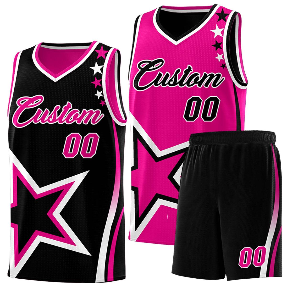 Custom Black Pink White Star Series Reversible Sets Basketball Jersey| KXKSHOP