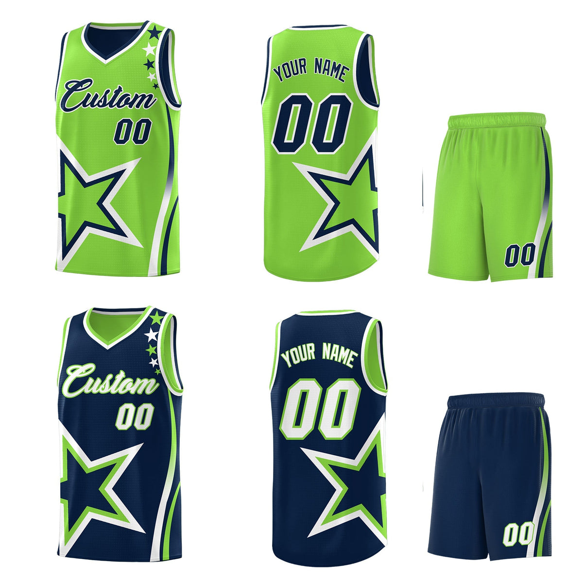 Custom Navy Fluorescent Green White Star Series Reversible Sets Basketball Jersey| KXKSHOP