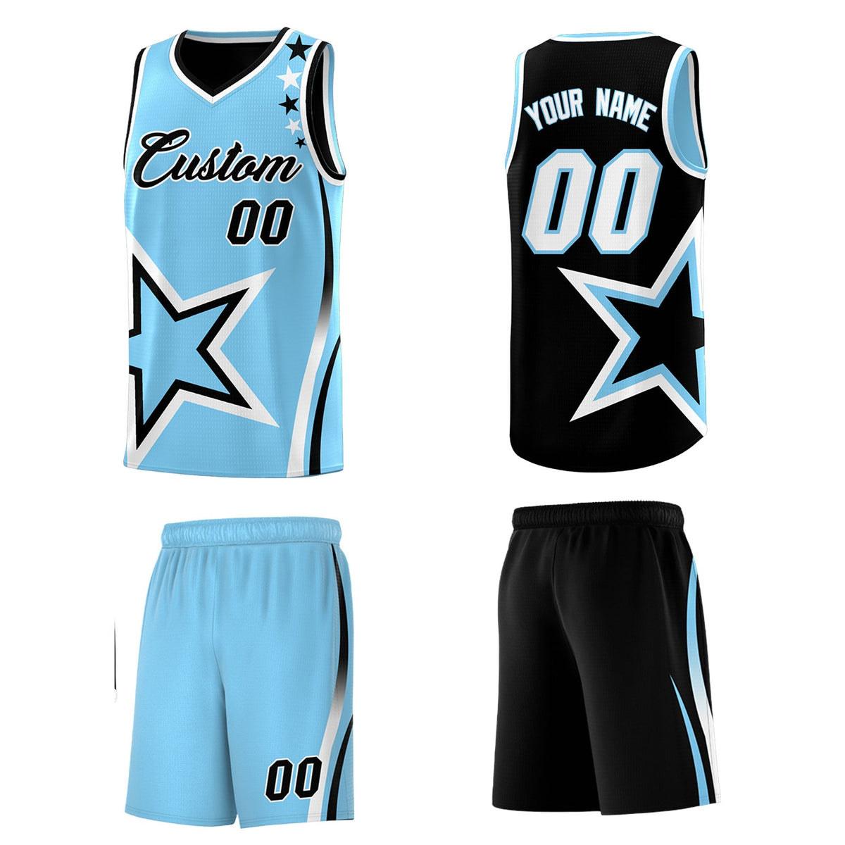 Custom Black Light Blue White Star Series Reversible Sets Basketball Jersey| KXKSHOP