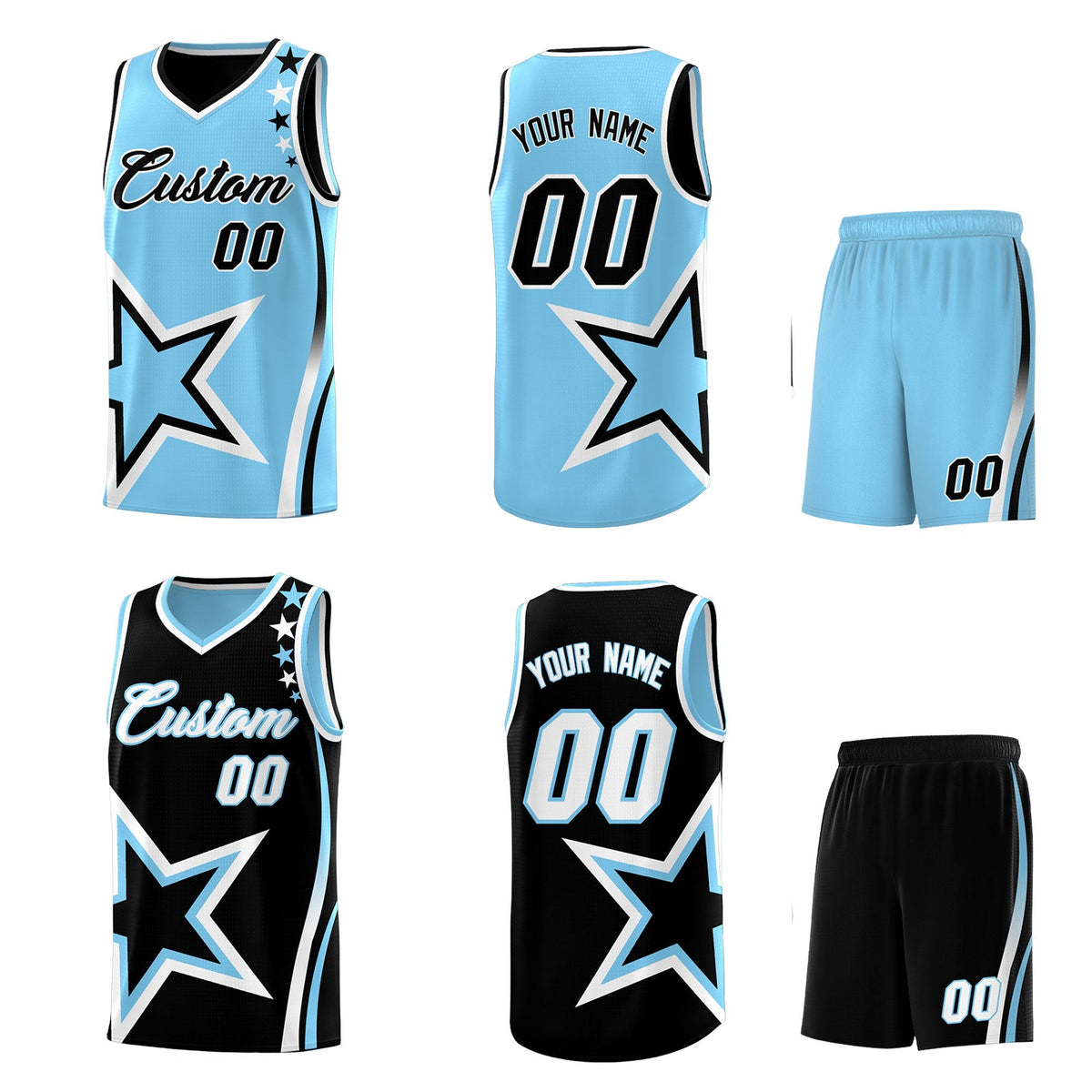 Custom Black Light Blue White Star Series Reversible Sets Basketball Jersey| KXKSHOP