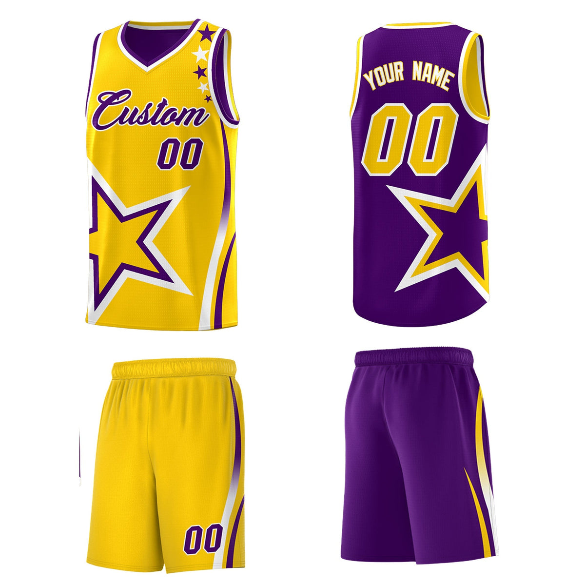 Custom Purple Gold White Star Series Reversible Sets Basketball Jersey| KXKSHOP