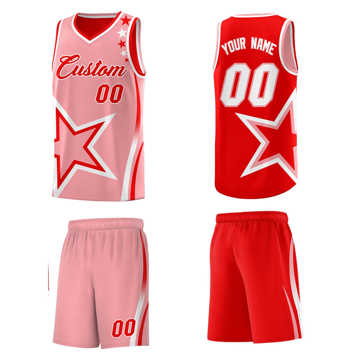 Custom Light Red Light Pink White Star Series Reversible Sets Basketball Jersey| KXKSHOP
