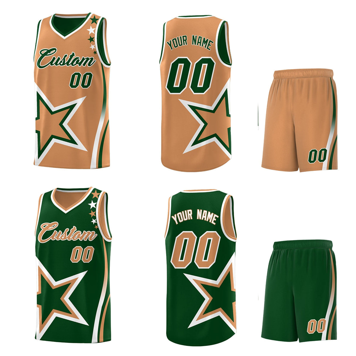 Custom Green Buckskin Brown White Star Series Reversible Sets Basketball Jersey| KXKSHOP