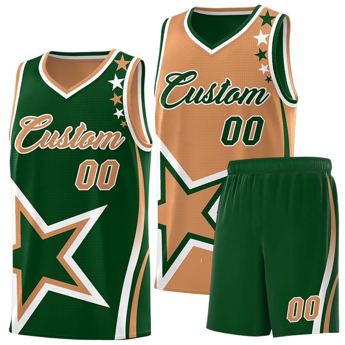 Custom Green Buckskin Brown White Star Series Reversible Sets Basketball Jersey| KXKSHOP