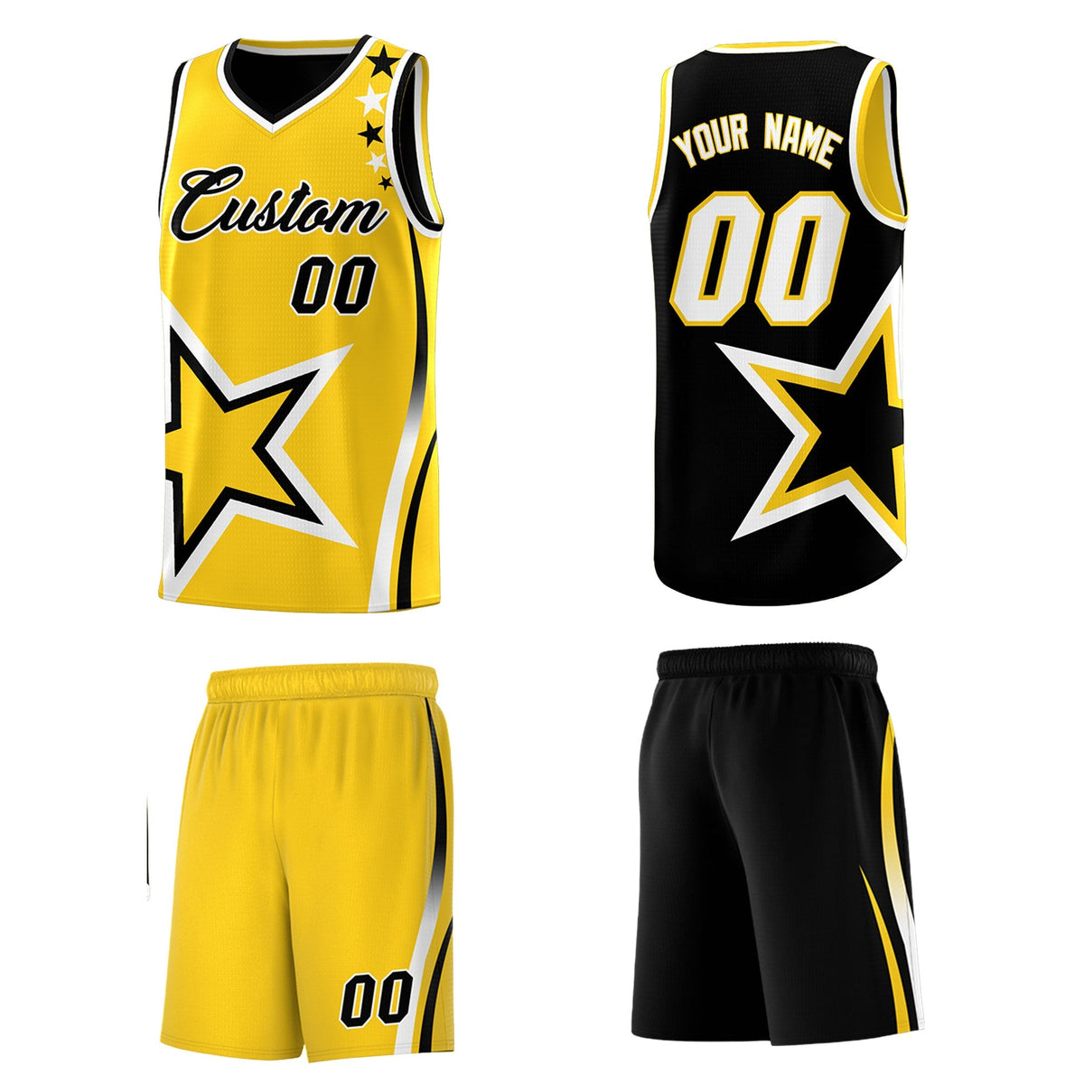 Custom Black Gold White Star Series Reversible Sets Basketball Jersey| KXKSHOP