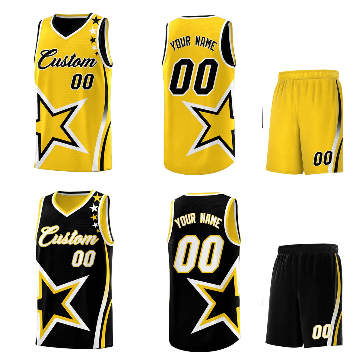 Custom Black Gold White Star Series Reversible Sets Basketball Jersey| KXKSHOP