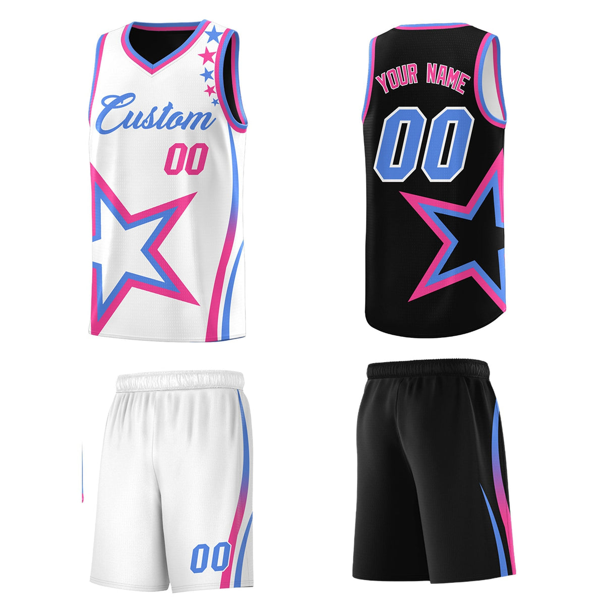 Custom Black Light Blue Pink Star Series Reversible Sets Basketball Jersey| KXKSHOP