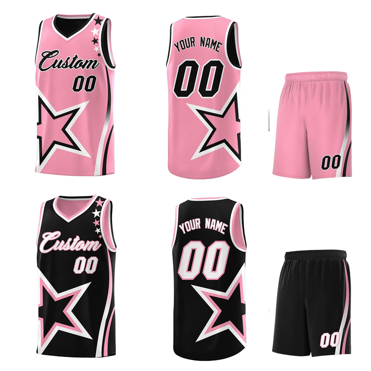 Custom Black Light Pink White Star Series Reversible Sets Basketball Jersey| KXKSHOP