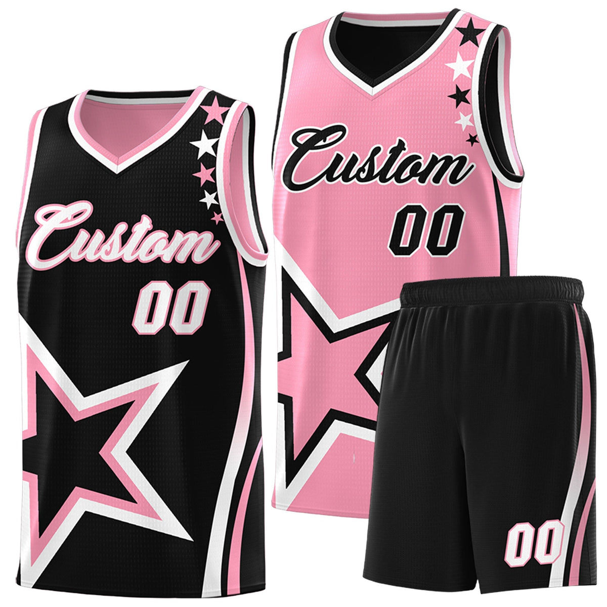 Custom Black Light Pink White Star Series Reversible Sets Basketball Jersey| KXKSHOP