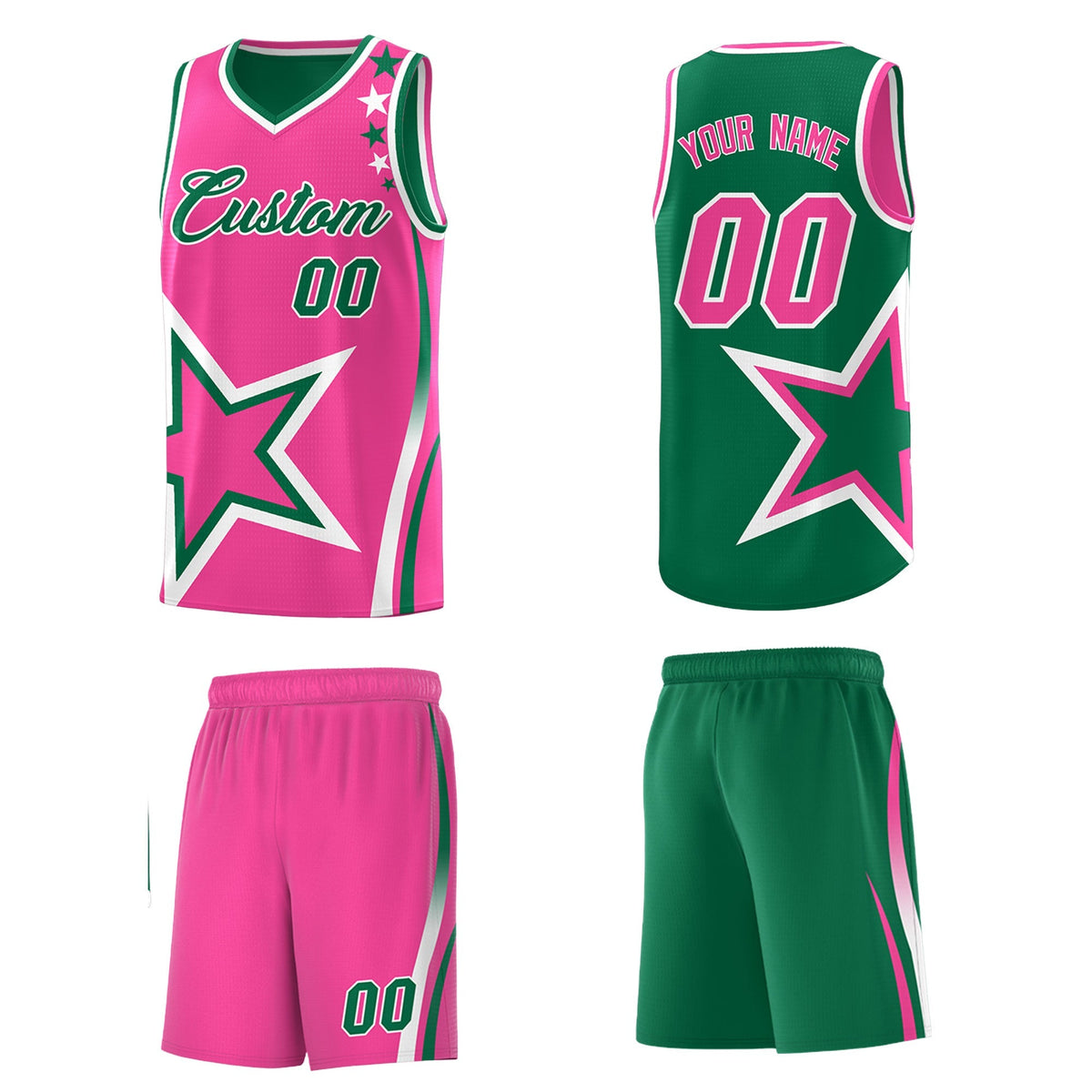 Custom Kelly Green Pink White Star Series Reversible Sets Basketball Jersey| KXKSHOP