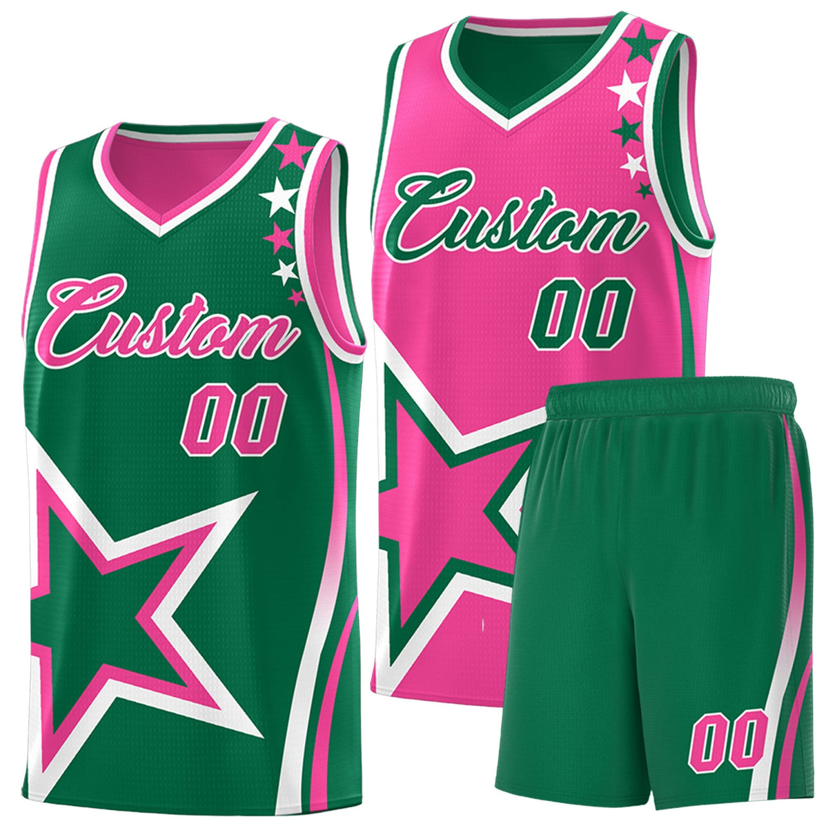 Custom Kelly Green Pink White Star Series Reversible Sets Basketball Jersey| KXKSHOP