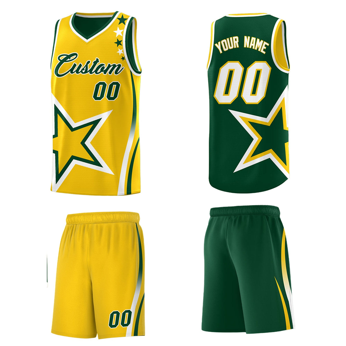 Custom Green Gold White Star Series Reversible Sets Basketball Jersey| KXKSHOP