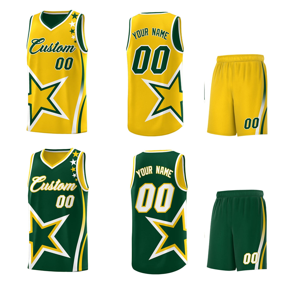 Custom Green Gold White Star Series Reversible Sets Basketball Jersey| KXKSHOP