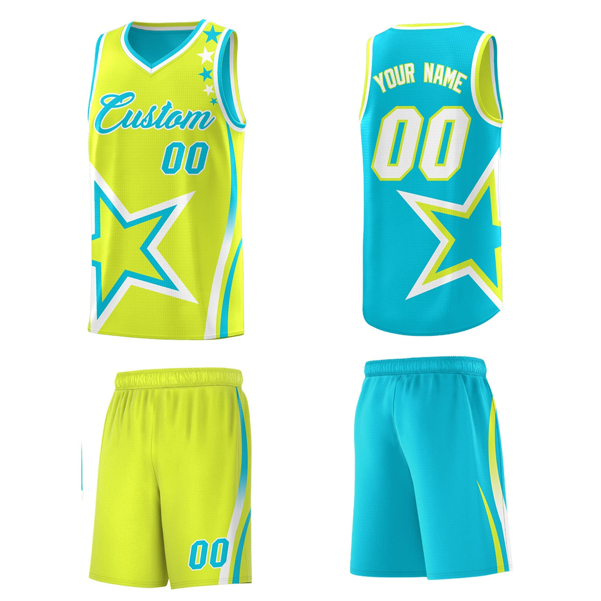 Custom Sky Blue Fluorescent Green White Star Series Reversible Sets Basketball Jersey| KXKSHOP
