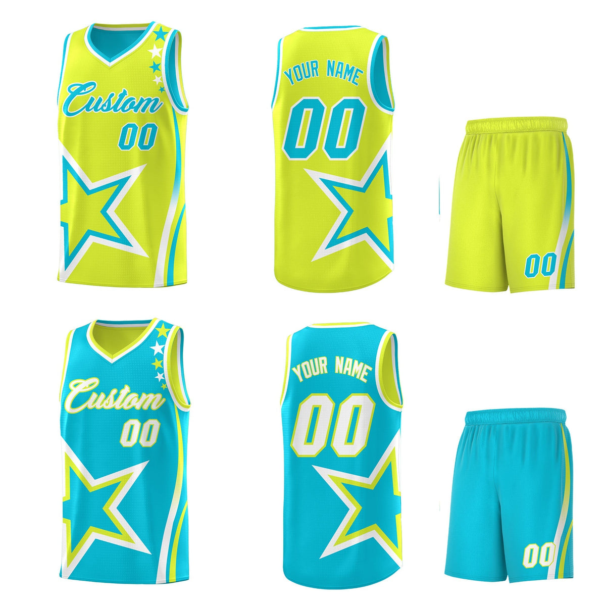 Custom Sky Blue Fluorescent Green White Star Series Reversible Sets Basketball Jersey| KXKSHOP