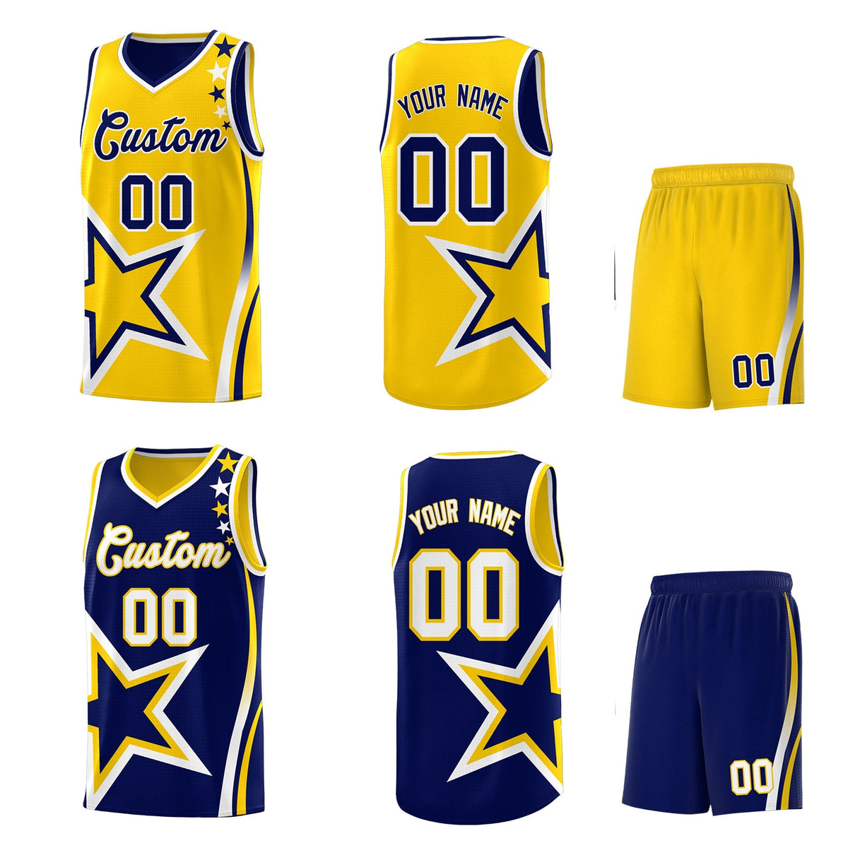 Custom Navy Gold White Star Series Reversible Sets Basketball Jersey| KXKSHOP