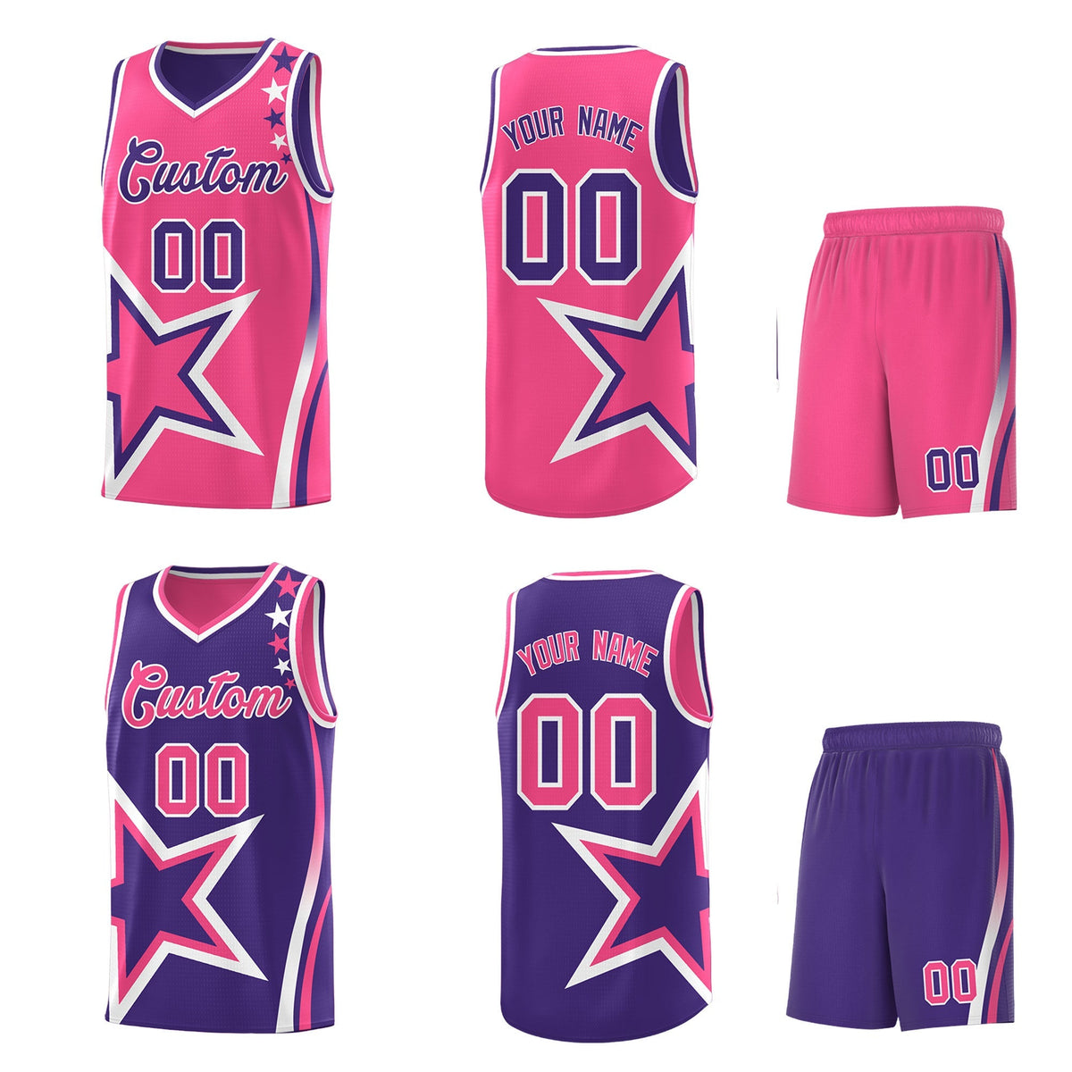 Custom Purple Pink White Star Series Reversible Sets Basketball Jersey| KXKSHOP