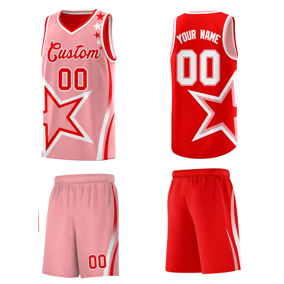 Custom Light Red Light Pink White Star Series Reversible Sets Basketball Jersey| KXKSHOP