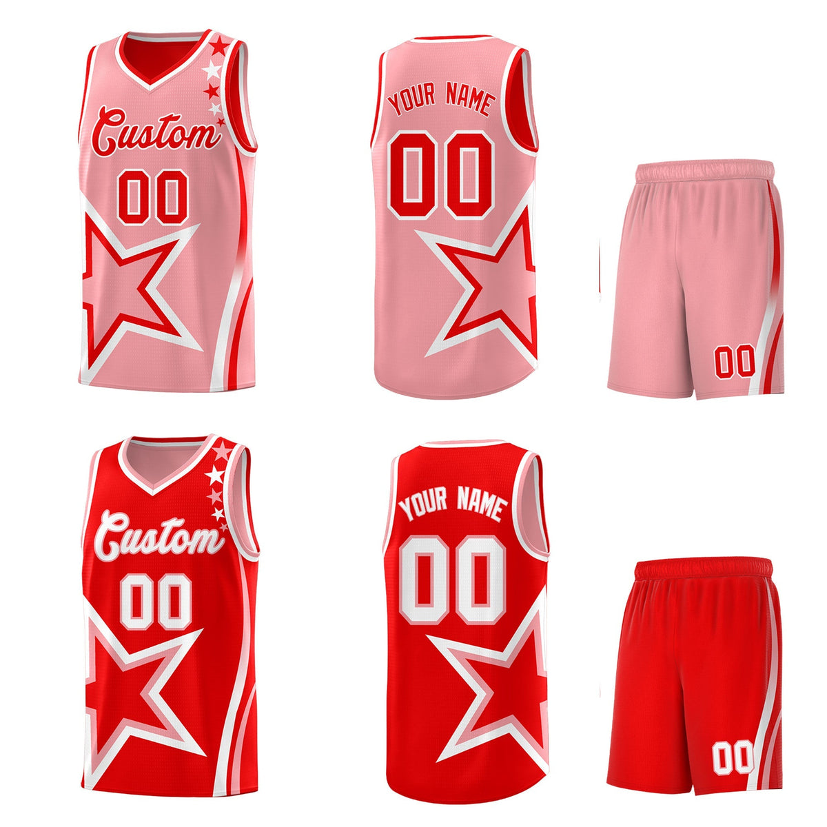 Custom Light Red Light Pink White Star Series Reversible Sets Basketball Jersey| KXKSHOP