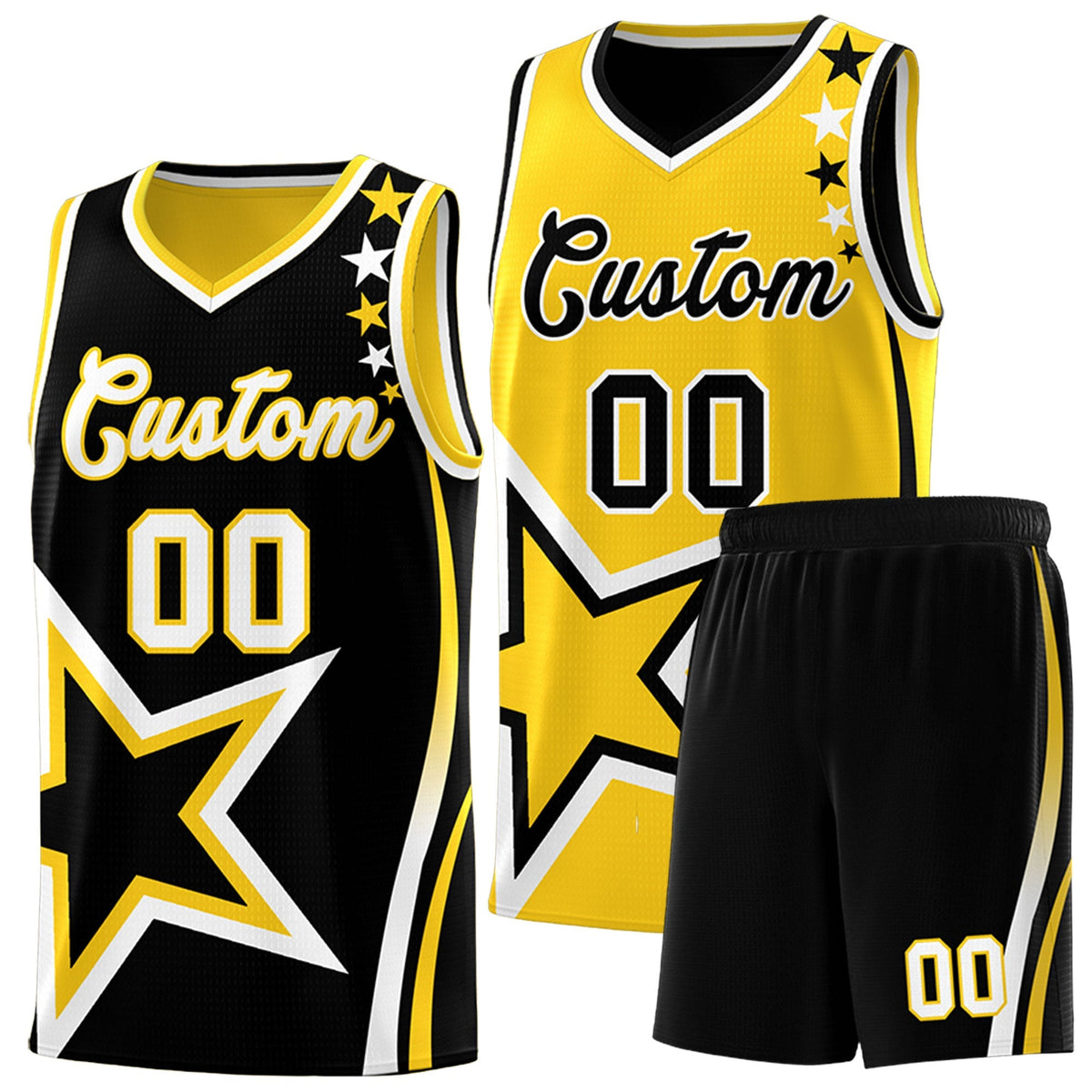 Custom Black Gold White Star Series Reversible Sets Basketball Jersey| KXKSHOP