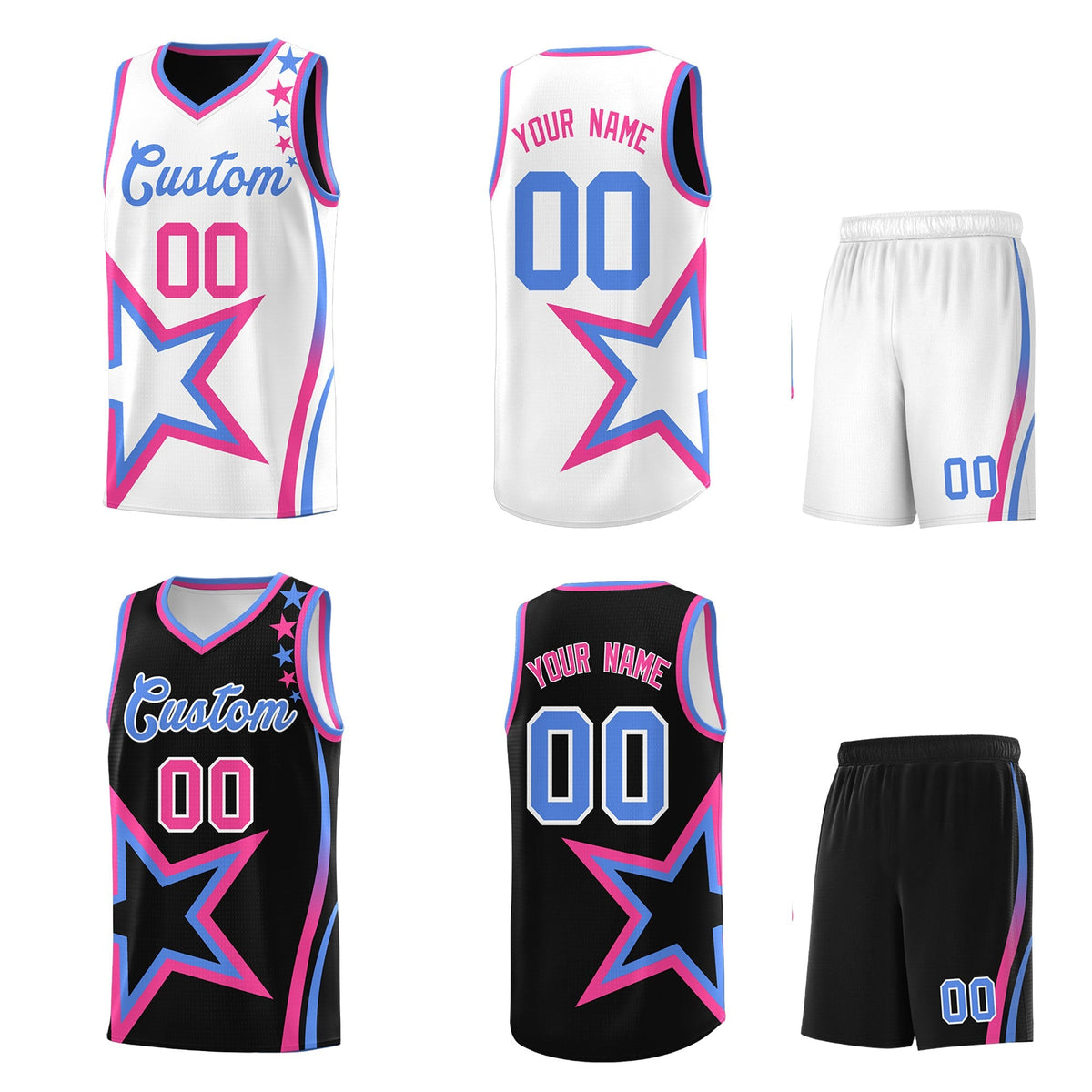 Custom Black Light Blue Pink Star Series Reversible Sets Basketball Jersey| KXKSHOP