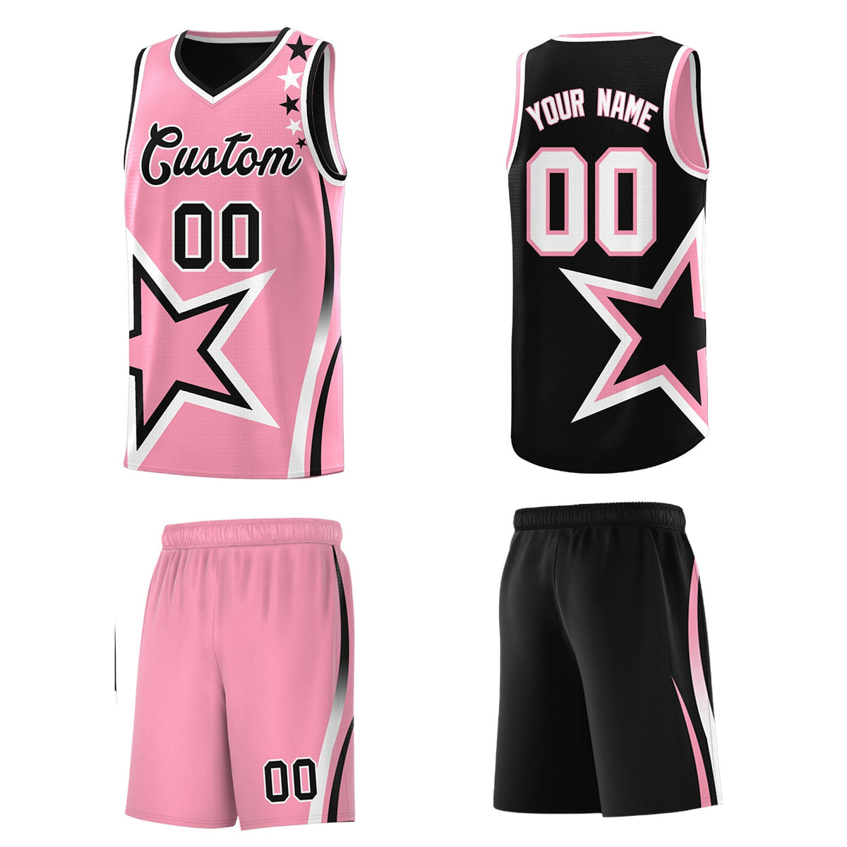 Custom Black Light Pink White Star Series Reversible Sets Basketball Jersey| KXKSHOP