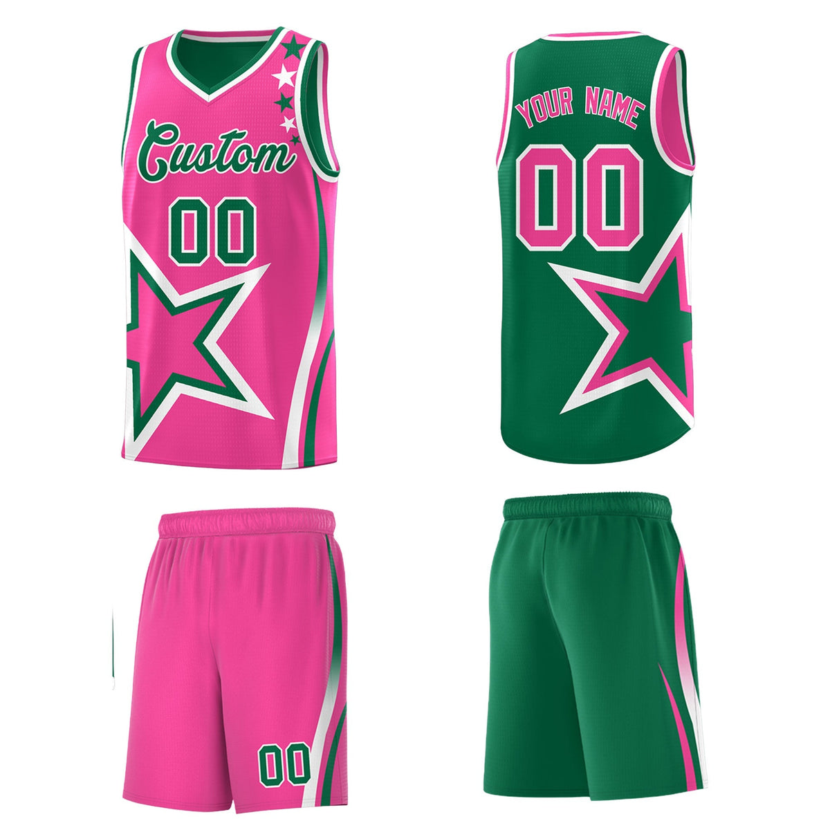 Custom Kelly Green Pink White Star Series Reversible Sets Basketball Jersey| KXKSHOP